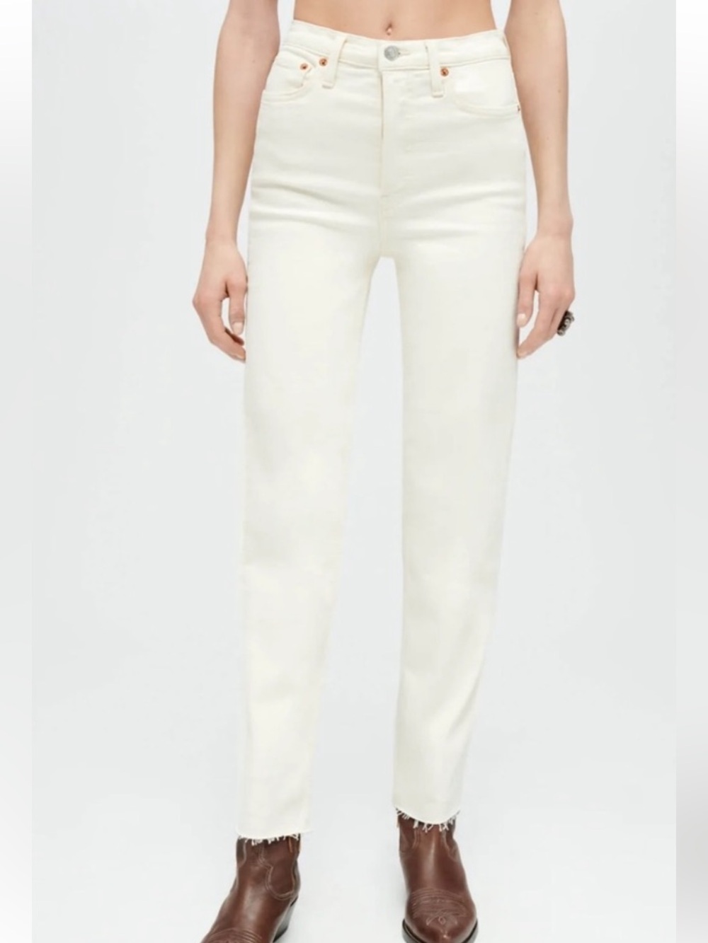 NEW RE/DONE 70s stove pipe off white ivory cream fray straight jeans 27 READ